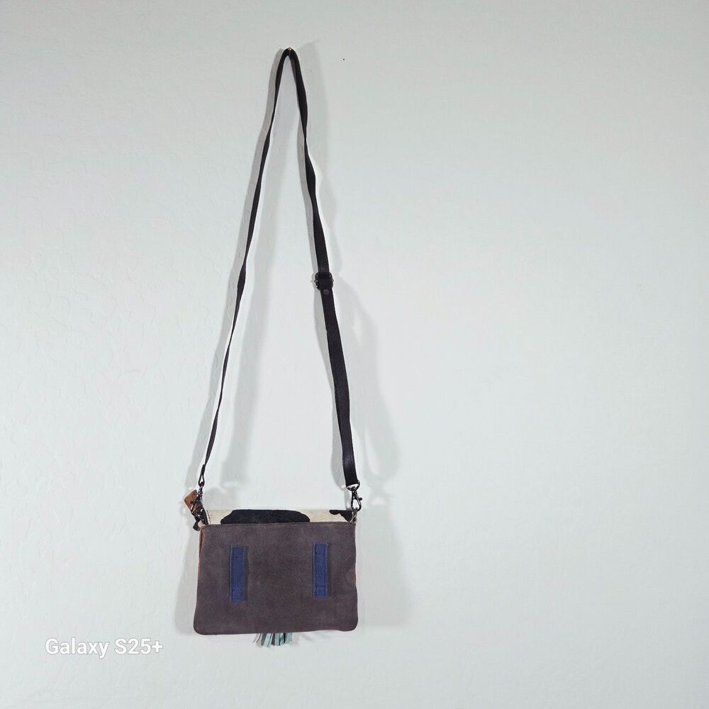 Soruka Recycled Leather Cowhide Crossbody Clutch Bag Red Teal Tassel - Picture 2 of 8